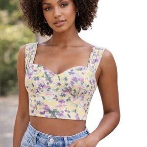 Cider Floral Crop Top Corset Yellow Purple Sheer Size M Fairycore Cottagecore